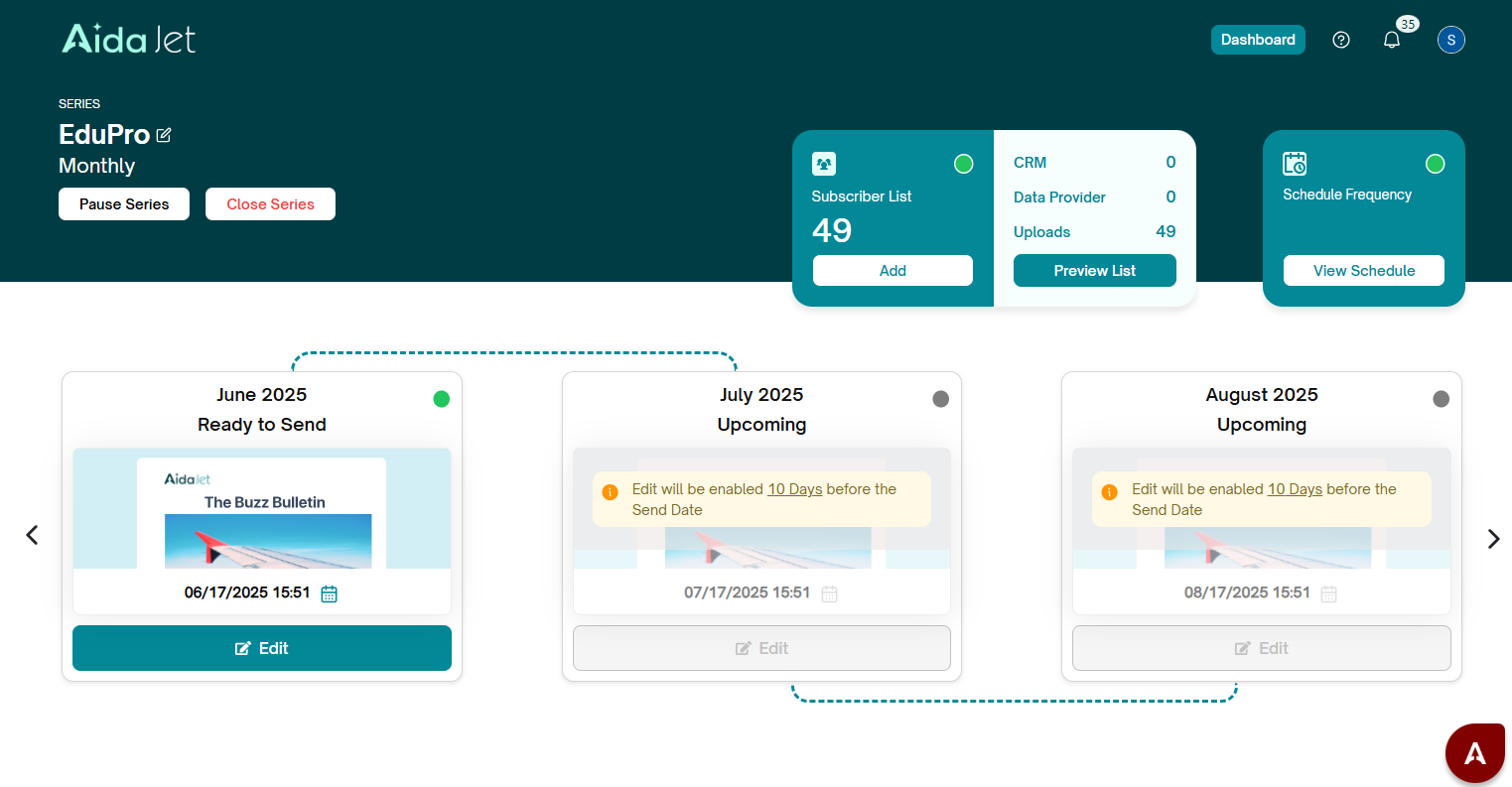 AidaJet Automation Dashboard showing EduPro newsletter series with scheduling timeline for June, July, and August 2025