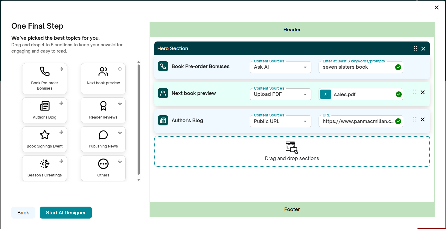 AidaJet Multi-Agent AI Interface showing One Final Step with drag-and-drop newsletter sections including Book Pre-order Bonuses, Next book preview, and Author's Blog configuration